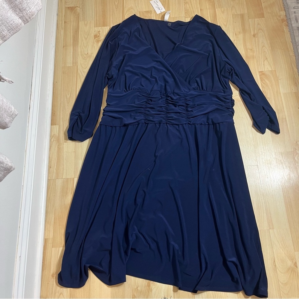 NY COLLECTION Women's Plus Navy Ruched 3/4 Sleeve A-Line Knee-Length Dress Sz 3X